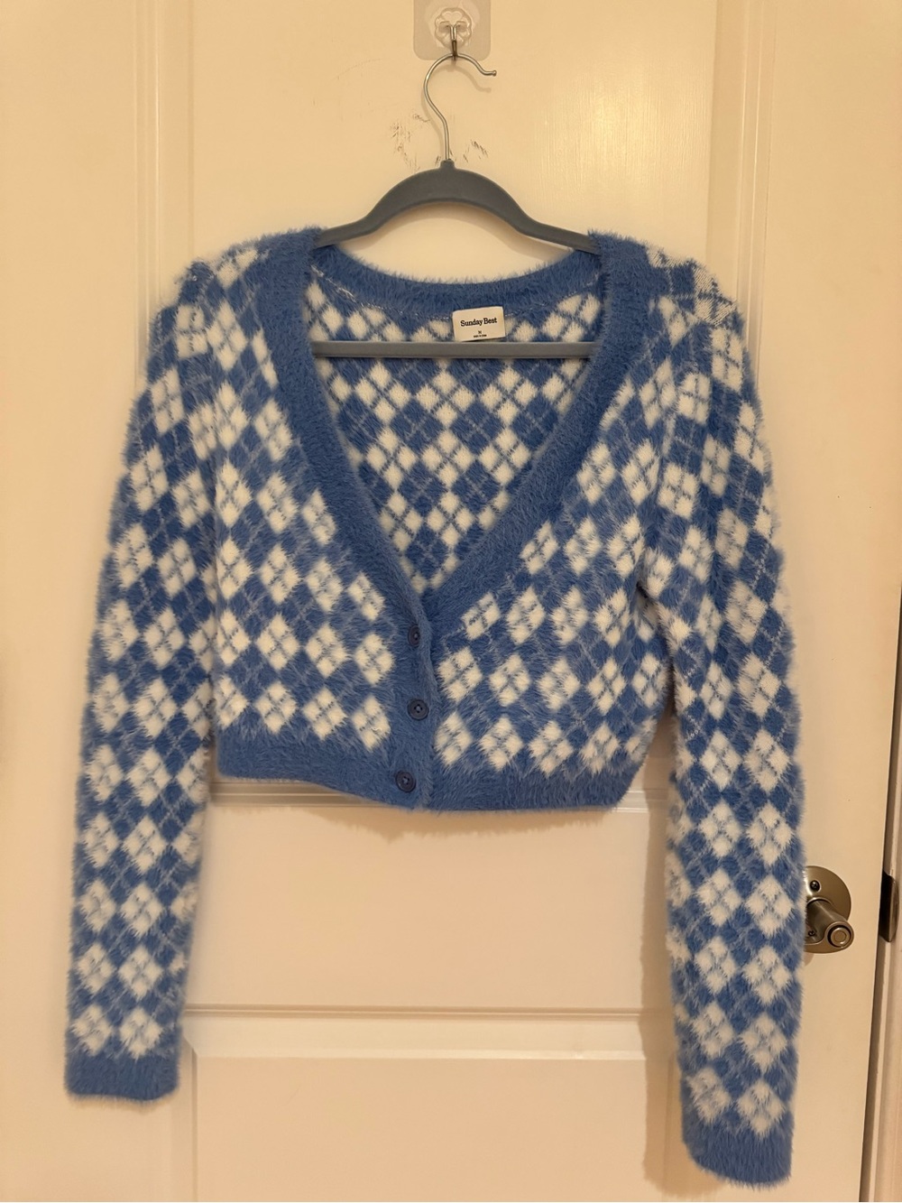 Sunday Best Blue and White Argyle Fuzzy V‑Neck Cardigan Sweater